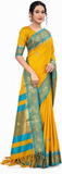 Golden Cyan Soft Cotton Silk Bloom Saree For Women