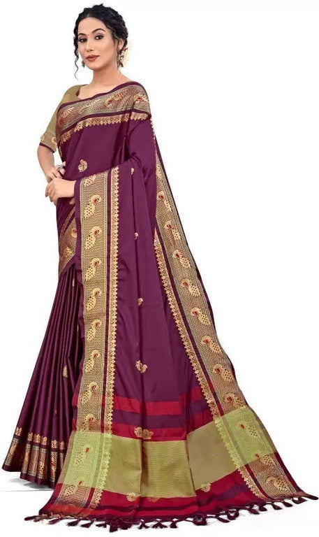 Maroon Soft Cotton Silk Crimson Bliss Saree For Women