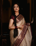 Cream & Brown Soft Cotton Silk Ivory Mocha Dream Saree For Women