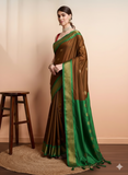 Brown Green Soft Cotton Silk Olive Meadow Essence Saree For Women