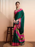 Green Pink Soft Cotton Silk Emerald Rose Touch Saree For Women