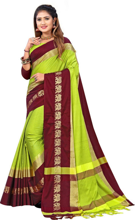 Lemon Green & Brown Soft Cotton Silk Citrus Earth Bloom Saree For Women