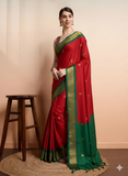 Red Green Soft Cotton Silk Crimson Meadow Glow Saree For Women