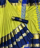 Lemon Green & Blue Soft Cotton Silk Citrus Ocean Harmony Saree For Women