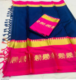 Navy Blue & Pink Soft Cotton Silk Marine Blush Bloom Saree For Women