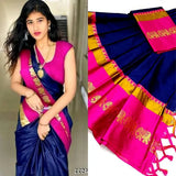 Navy Blue & Pink Soft Cotton Silk Marine Blush Bloom Saree For Women