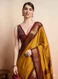 Yellow & Brown Soft Cotton Silk Amber Earth Allure Saree For Women