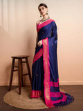 Navy Blue Pink Soft Cotton Silk Ocean Blush Essence Saree For Women