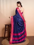 Navy Blue Pink Soft Cotton Silk Ocean Blush Essence Saree For Women