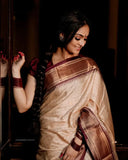 Cream & Brown Soft Cotton Silk Ivory Mocha Dream Saree For Women