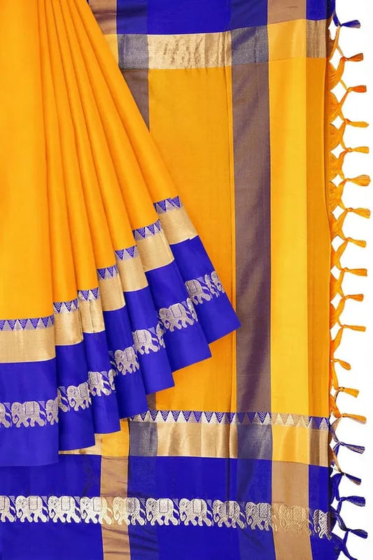 Gold Blue Soft Cotton Silk Sapphire Radiance Saree For Women