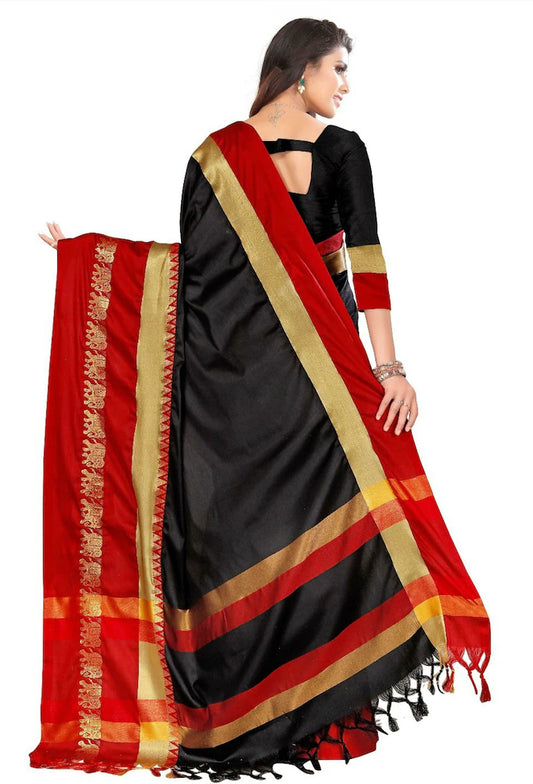 Black Red Soft Cotton Silk Midnight Scarlet Muse Saree For Women