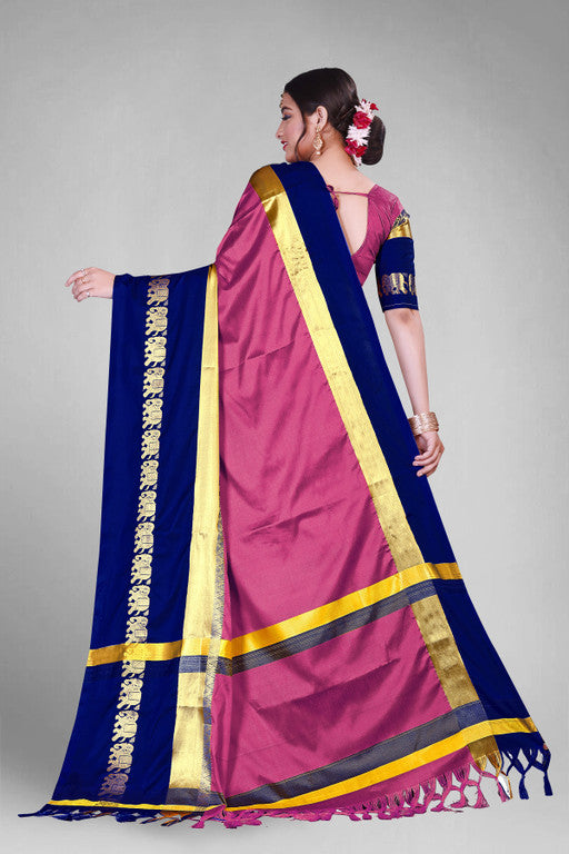 Baby Pink & Sky Blue Soft Cotton Silk Cotton Delight Saree For Women