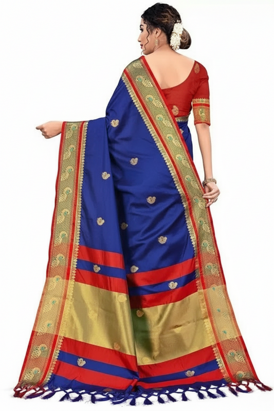 Navy Blue & Red Soft Cotton Silk Nautical Ruby Spark Saree For Women
