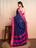 Navy Blue Pink Soft Cotton Silk Ocean Blush Essence Saree For Women