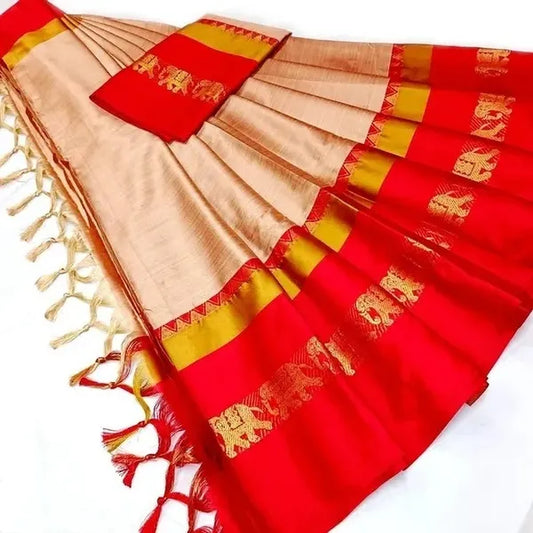 Tusar Red Soft Cotton Silk Crimson Elegance Saree For Women