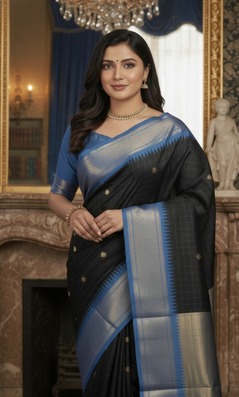 Black And Blue Soft Cotton Silk Mid Night Harmony Saree For Women