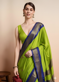 Lime Green Blue Soft Cotton Silk Citrus Ocean Aura Saree For Women