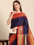 Navy Blue Red Soft Cotton Silk Nautical Ruby Muse Saree For Women