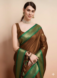 Brown Green Soft Cotton Silk Olive Meadow Essence Saree For Women