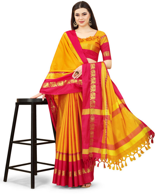 Gold Pink Soft Cotton Silk Blush Symphony Saree For Women