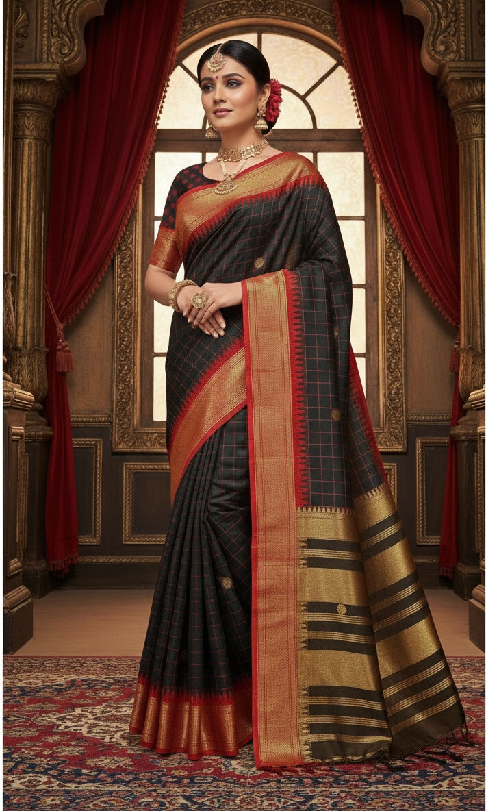 Black And Red Soft Cotton Silk Crimson Shadow Aura Saree For Women