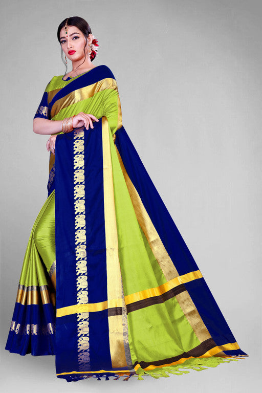 Lemon Green & Blue Soft Cotton Silk Citrus Ocean Harmony Saree For Women