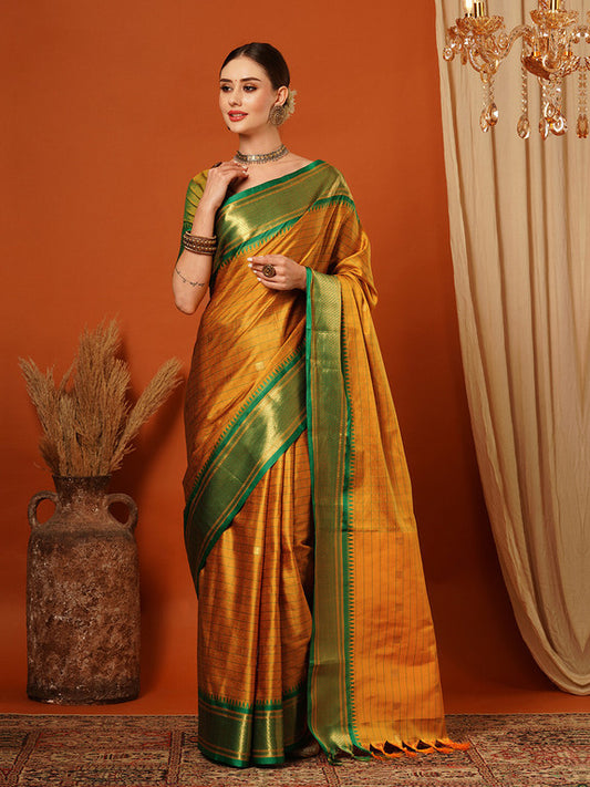 Gold Green Soft Cotton Silk Forest Whisper Saree For Women