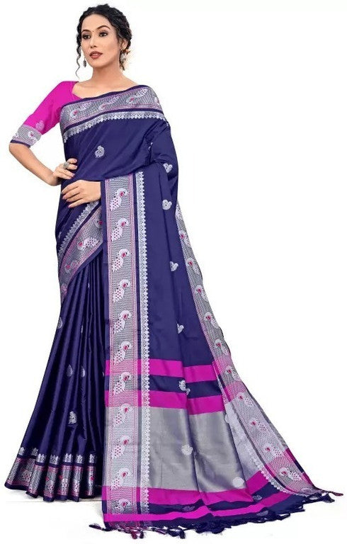 Navy Blue Soft Cotton Silk Sapphire Nightfall Charm Saree For Women