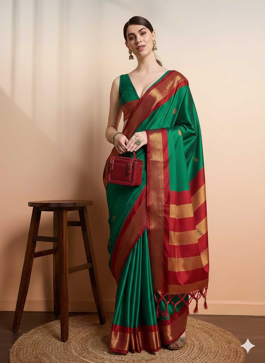 Green Red Soft Cotton Silk Verdant Ruby Whisper Saree For Women