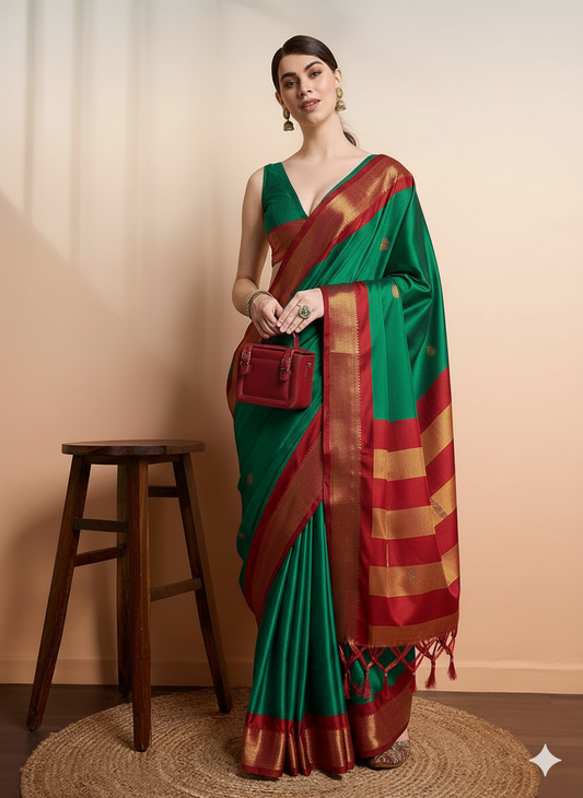 Green Red Soft Cotton Silk Verdant Ruby Whisper Saree For Women