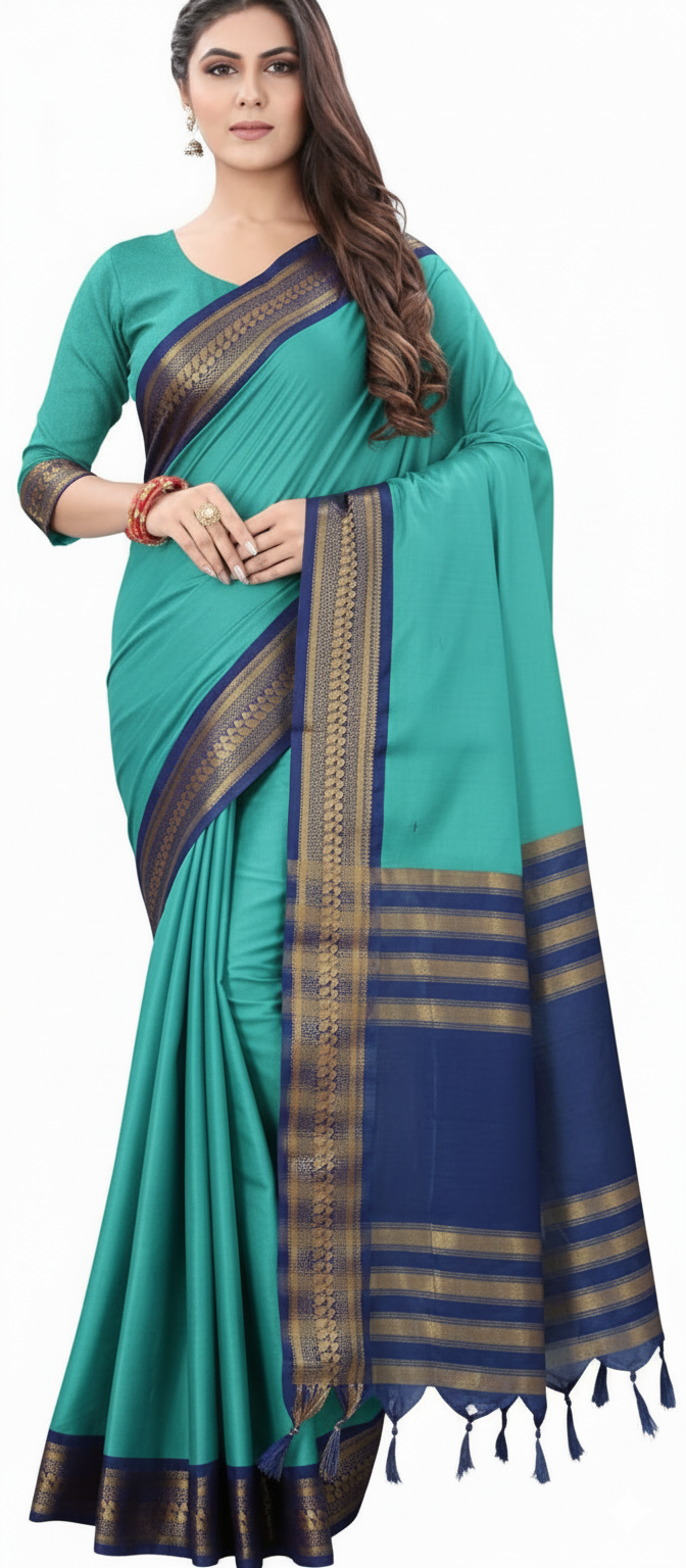 Cyan Blue Soft Cotton Silk Azure Mist Serenity Saree For Women