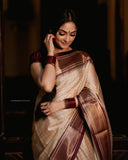 Cream & Brown Soft Cotton Silk Ivory Mocha Dream Saree For Women
