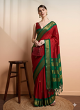Red Green Soft Cotton Silk Crimson Meadow Glow Saree For Women