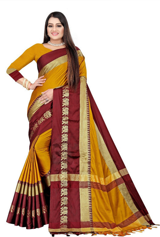 Mustard Yellow & Maroon  Soft Cotton Silk Heritage Grandeur Saree For Women