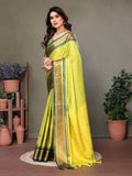 Bright Yellow & Green Soft Cotton Silk Sunlit Meadow Glow Saree For Women