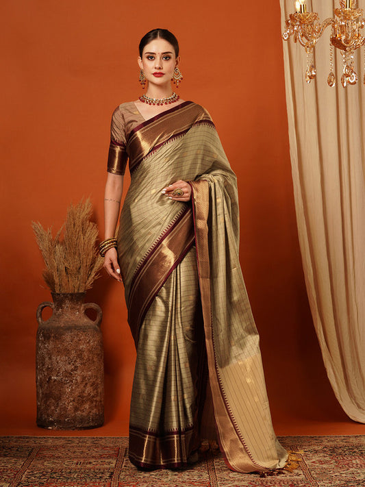 Beige & Maroon Soft Cotton Silk Royal Mirage Saree For Women