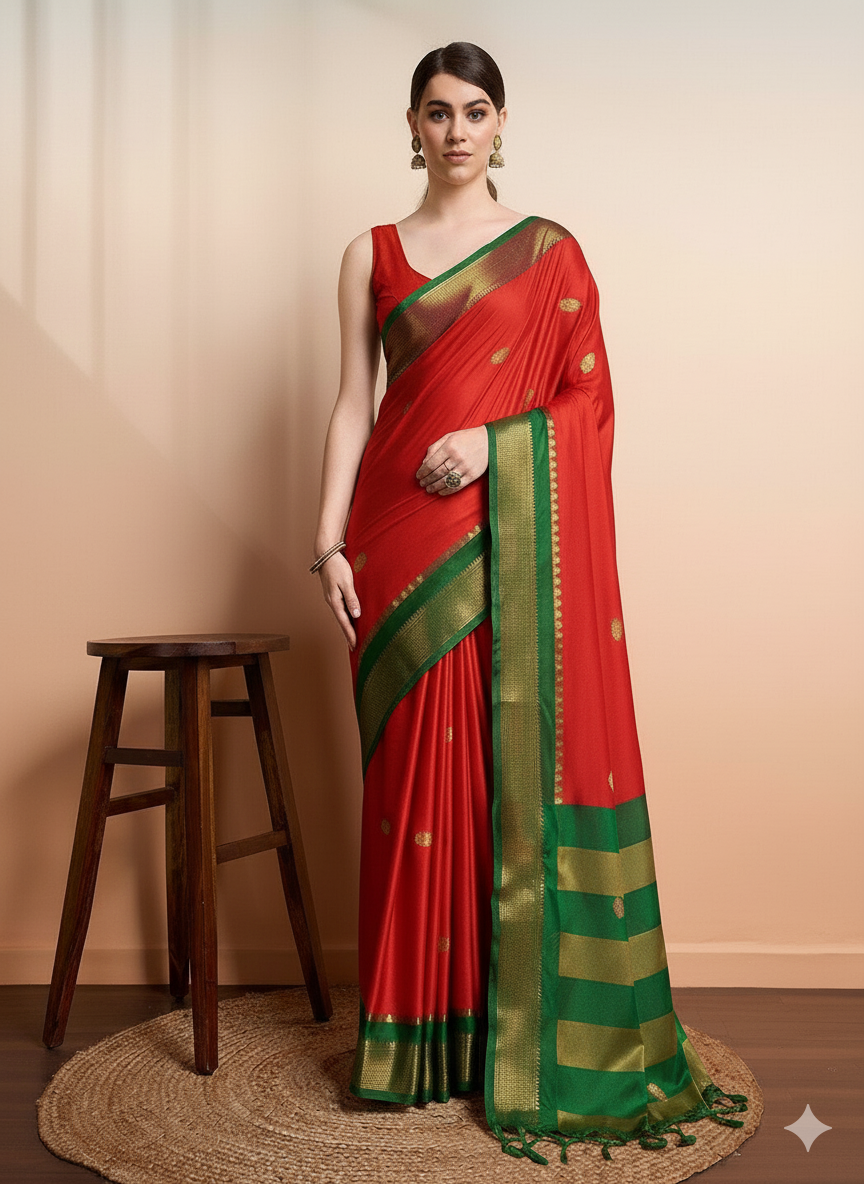 Red Green Soft Cotton Silk Crimson Meadow Glow Saree For Women