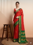 Red Green Soft Cotton Silk Crimson Meadow Glow Saree For Women