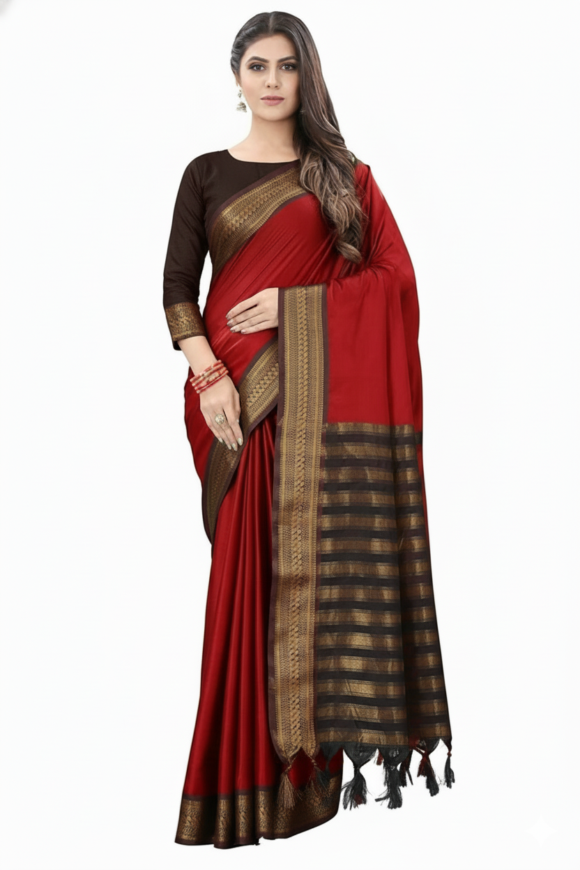 Red & Brown Soft Cotton Silk Ruby Garden Charm Saree For Women
