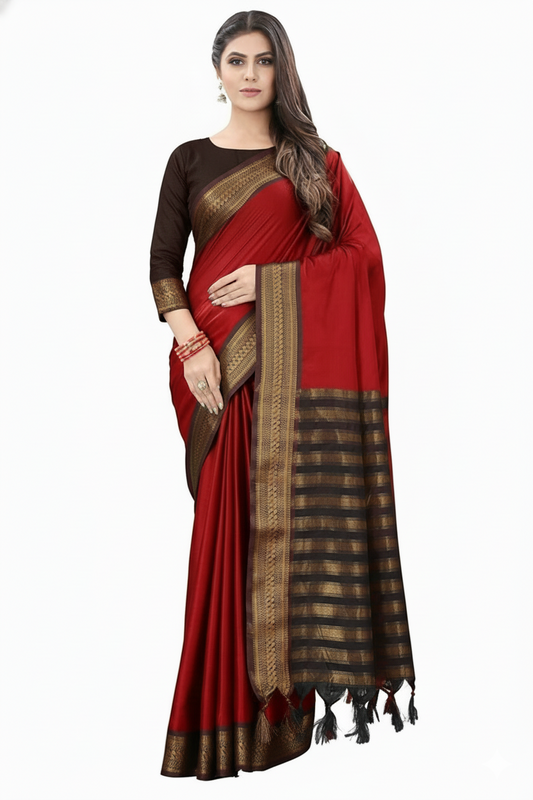 Red & Brown Soft Cotton Silk Ruby Garden Charm Saree For Women