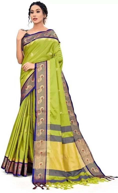 Lemon Green & Navy Blue Soft Cotton Silk Ocean Spark Saree For Women