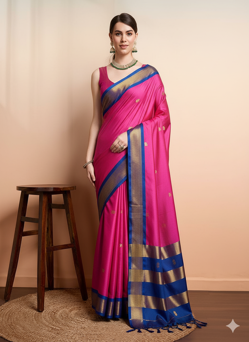 Pink Blue Soft Cotton Silk Rose Sky Serenity Saree For Women