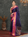 Navy Blue Pink Soft Cotton Silk Ocean Rose Delight Saree For Women