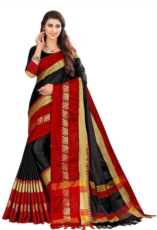 Black Red Soft Cotton Silk Midnight Scarlet Muse Saree For Women
