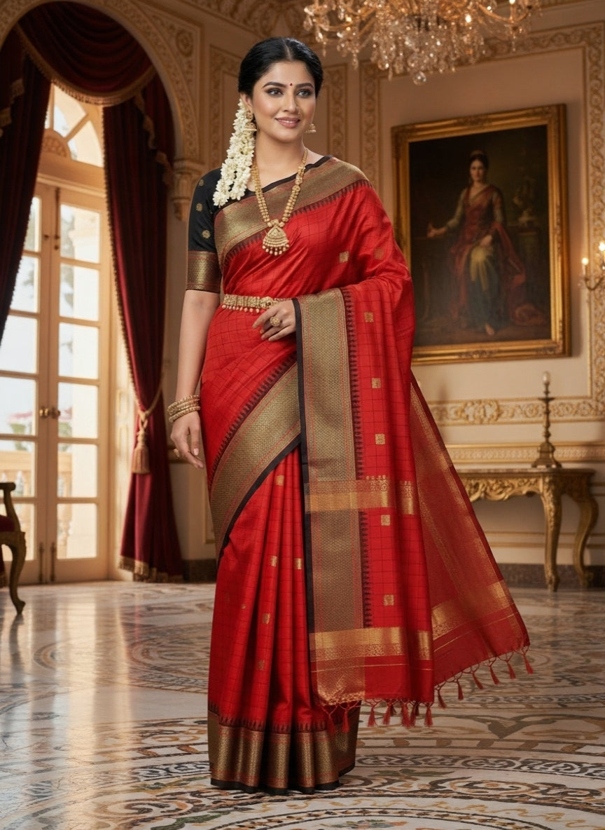 Red Black Soft Cotton Silk Scarlet Noir Symphony Saree For Women