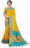 Golden Cyan Soft Cotton Silk Bloom Saree For Women