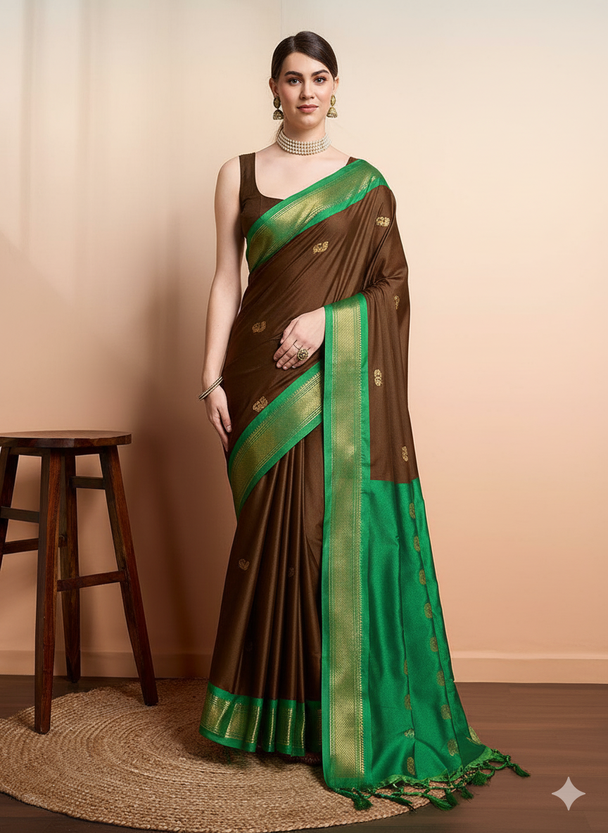 Brown Green Soft Cotton Silk Olive Meadow Essence Saree For Women