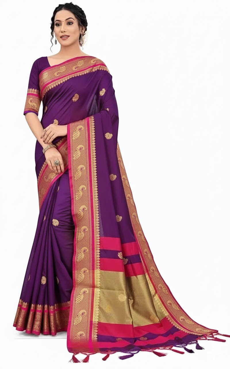 Purple & Pink Soft Cotton Silk Violet Rose Symphony Saree For Women
