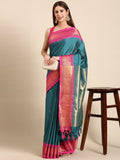 Teal Blue & Pink Soft Cotton Silk Blush Mirage Saree For Women